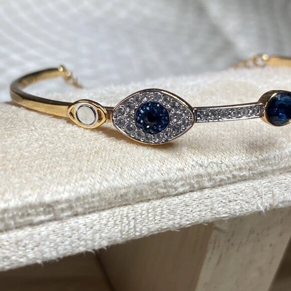 Swarovski Evil Eye Bangle Bracelet Gold-Tone Blue Crystal Small Swan Logo - Picture 10 of 13
